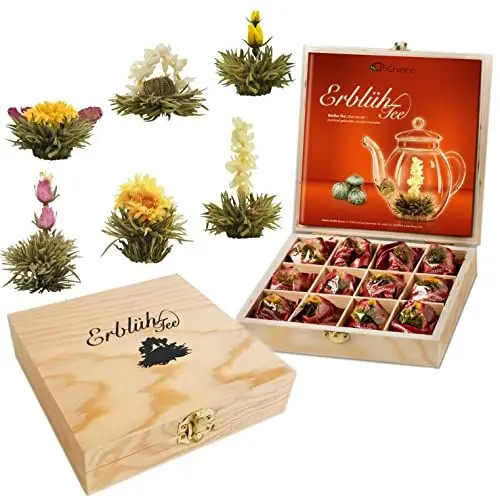 Produktbild: Creano Teeblumen Geschenkset in Teekiste aus Holz, 12 Erblühtee in 6 Sorten Weißtee, Geschenk für Frauen, Mutter, Teeliebhaber