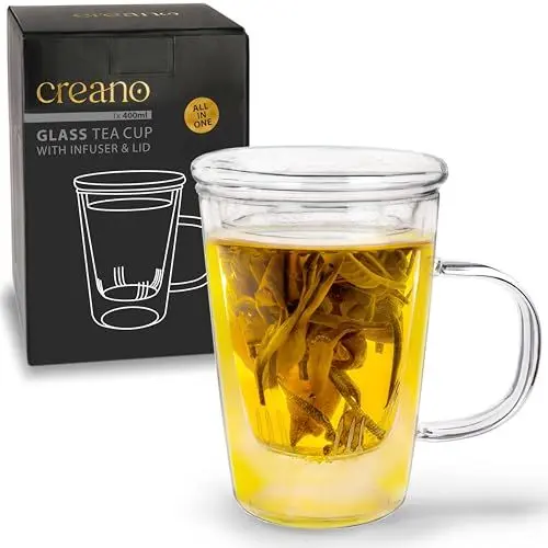Produktbild: Creano Teeglas 400ml - Große Teetasse mit Sieb und Deckel aus Glas - ein idealer Teebereiter