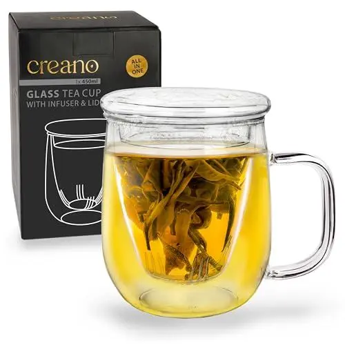 Produktbild: Creano Teeglas 450ml - Große Teetasse mit Sieb und Deckel aus Glas - ein idealer Teebereiter
