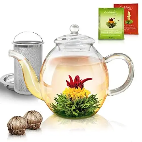 Produktbild: Creano Teekanne aus Glas 1,0l - inklusive 2 Teeblumen - Glasteekanne mit Integriertem Edelstahl-Sieb und Glas-Deckel, tropffrei