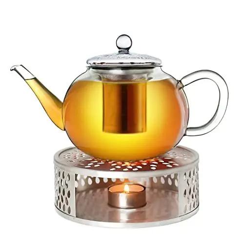 Produktbild: Creano Teekanne aus Glas 1,2l + EIN Stövchen aus Edelstahl, 3-teilige Glasteekanne mit integriertem Edelstahl Sieb und Glasdeckel, ideal zur Zubereitung von losen Tees, tropffrei