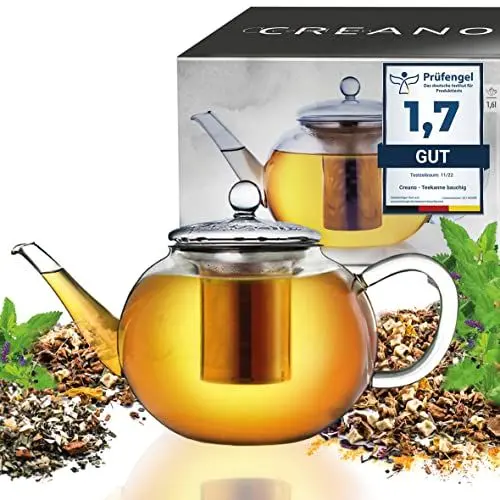 Produktbild: Creano Teekanne aus Glas 1,6l - Glasteekanne mit Edelstahl-Sieb und Glas-Deckel - Teepresse ideal zur Zubereitung von Losen Tees - tropffrei