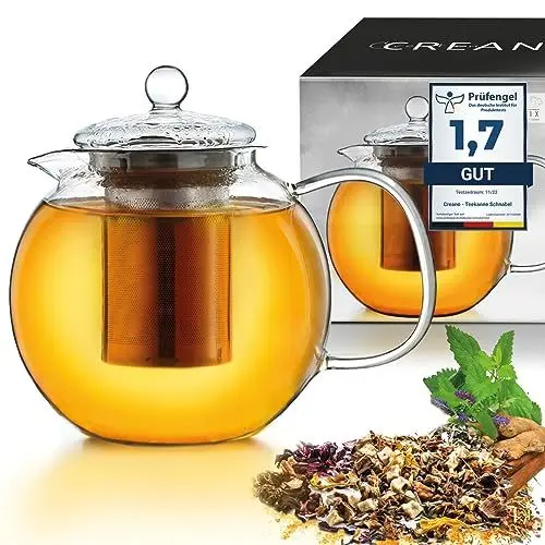 Produktbild: Creano Teekanne aus Glas 1,7l, 3-teilige Glasteekanne mit integriertem Edelstahl Sieb und Glasdeckel, ideal zur Zubereitung von losen Tees, tropffrei, All-in-one