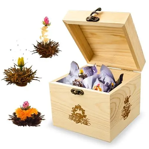 Produktbild: Creano Teekiste aus Holz mit 6 Teeblumen Erblühtee - 3 verschiedene Sorten Schwarzer Tee
