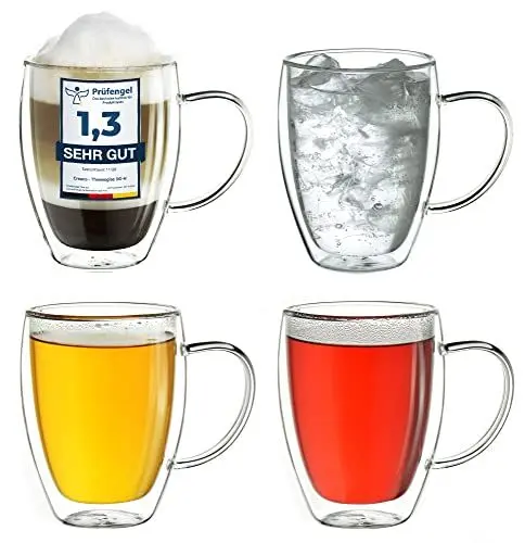 Produktbild: Creano doppelwandiges Thermoglas mit Henkel 250ml, großes Doppelwandglas aus Borosilikatglas, Kaffeegläser, Teegläser, 4er Set