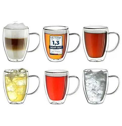 Produktbild: Creano doppelwandiges Thermoglas mit Henkel 250ml, großes Doppelwandglas aus Borosilikatglas, Kaffeegläser, Teegläser, 6er Set