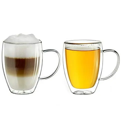 Produktbild: Creano doppelwandiges Thermoglas mit Henkel 400ml, großes Doppelwandglas aus Borosilikatglas, Kaffeegläser, Teegläser, Latte Gläser 2er Set