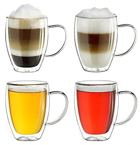 Produktbild: Creano doppelwandiges Thermoglas mit Henkel 400ml, großes Doppelwandglas aus Borosilikatglas, Kaffeegläser, Teegläser, Latte Gläser 4er Set