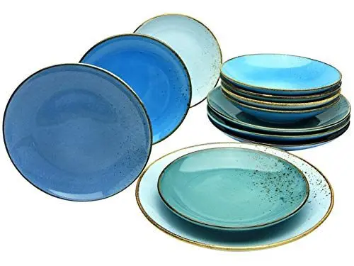 Produktbild: CreaTable, 20966, Serie NATURE COLLECTION AQUA, 12-teiliges Geschirrset, Teller Set aus Steinzeug, spülmaschinen- und mikrowellengeeignet, Qualitätsproduktion