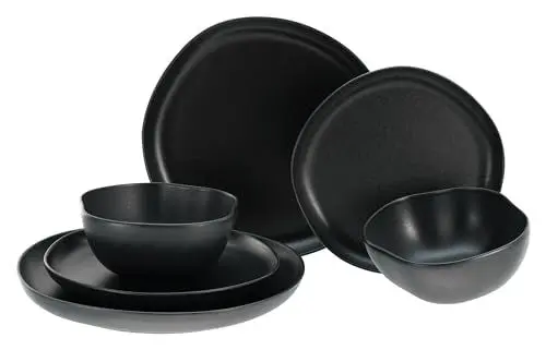 Produktbild: CreaTable, 21248, Serie Natura Organic BLACK, 12-teiliges Geschirrset, Teller Set aus Steinzeug, spülmaschinen- und mikrowellengeeignet, Made in Portugal