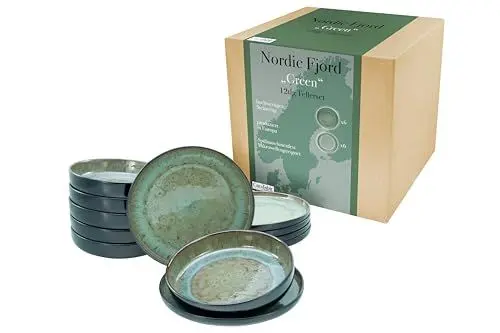 Produktbild: CreaTable, 21556, Serie Nordic Fjord, 12-teiliges Geschirrset, Teller Set aus Steinzeug, spülmaschinen- und mikrowellengeeignet, Qualitätsproduktion