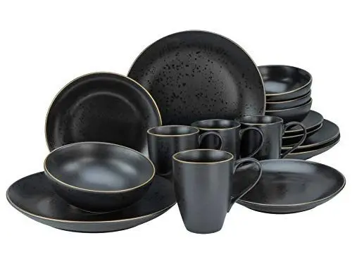 Produktbild: CreaTable, 22699, Serie Industrial Gold BLACK, 16-teiliges Geschirrset, Kombiservice aus Steinzeug, spülmaschinen- und mikrowellengeeignet, Qualitätsproduktion