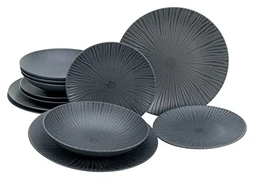 Produktbild: CreaTable, 23211, Serie VESUVIO black, 12-teiliges Geschirrset, Tafelservice aus Steinzeug, spülmaschinen- und mikrowellengeeignet, Made in Portugal