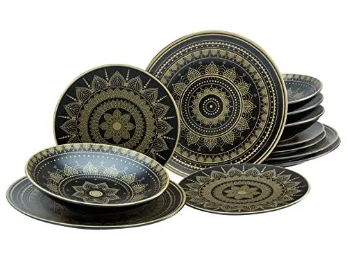 Produktbild: CreaTable, 23588, Serie MANDALA GOLD - schwarz, 12-teiliges Geschirrset, Teller Set aus Steinzeug, spülmaschinen- und mikrowellengeeignet, Qualitätsproduktion