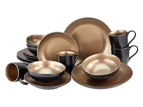 Produktbild: CreaTable, 23598, Serie GLAMOUR - Gold, 16-teiliges Geschirrset, Kombiservice aus Steinzeug, spülmaschinen- und mikrowellengeeignet, Qualitätsproduktion