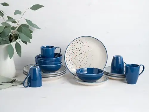 Produktbild: CreaTable, 24183, Serie Joy Dots Blau, 16-teiliges Geschirrset für 4 Personen, Kombiservice aus Steinzeug, spülmaschinen- und mikrowellengeeignet, Qualitätsproduktion