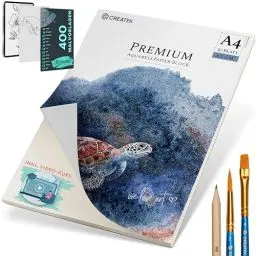 Produktbild: CreaTek Aquarellpapier A4 300g ( Nur bei uns inkl 2 Std Video Kurs ) 30 Blatt Aquarellblock A4 300g +2 Pinsel +Bleistift +400 Malvorlagen - Aquarell Papier A4, Wasserfarben Papier A4 Aquarell Block A4