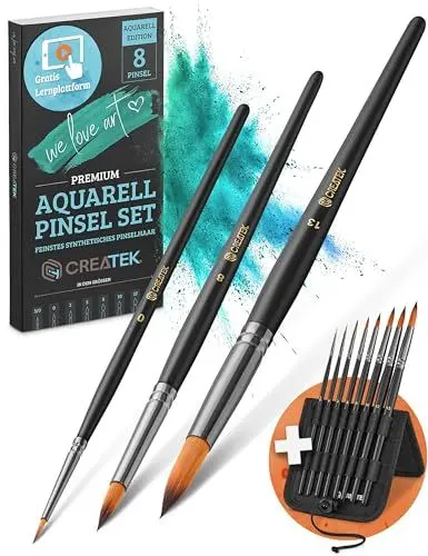 Produktbild: CreaTek Aquarellpinsel Set ( Premium Qualität ohne Haarverlust ) 8 hochwertige Aquarell Pinsel inkl. Aufsteller für makellose Kunstwerke - Aquarell Pinsel Set mit synthetischen Rotmarder Haar