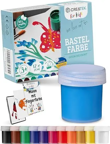 Produktbild: CreaTek Bastelfarben für Kinder ( perfekt für Kiga, Schule & Hobby ) 12x20ml leuchtende Malfarben Kinder 3 Jahre - 100% sicher, vegan, geruchlos & auswaschbar - Plakatfarben Kinder, Malfarben Schule