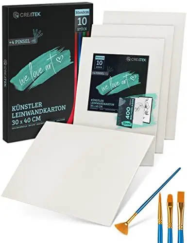 Produktbild: CreaTek - 10er Pack Malkarton 30x40cm ( inkl. 5 Std. Acryl Video Kurs ) malfertig grundiert +400 Malvorlagen & 4 Pinsel | aus100% Baumwolle | Leinwand 30 x 40 | Premium Malpappe, Canvas painting