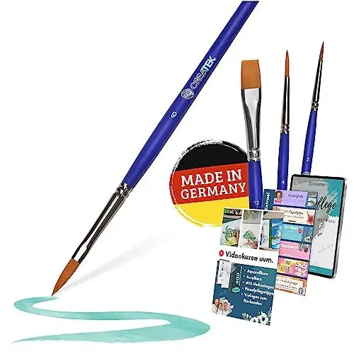 Produktbild: CreaTek - Premium Aquarellpinsel Set (Handarbeit Made in Germany) 4 hochwertige Rund- und Flachpinsel 100% Vegan | Perfekt abgestimmtes Aquarell Pinselset | Synthetik, Blau