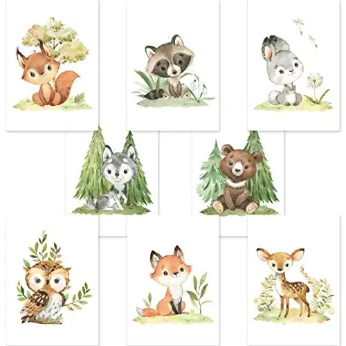 Produktbild: CreativeRobin 8er Poster-Set Waldtiere Kinderzimmer I Babyzimmer Deko I Reh, Fuchs, Bär etc. mit Flora