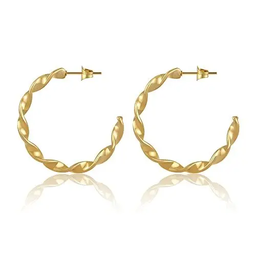 Produktbild: Creolen Gold für Damen I Gedrehte 18 Karat Kreolen aus Edelstahl - Wasserfest - Twisted Hoop Ohrringe in 28mm