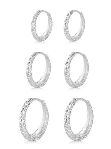 Produktbild: Creolen Silber 925 3 Paar Damen Ohrringe, Hypoallergen Silberne Huggie Creolen Knorpel Schläfer Kleine Creolen Ohrringe, Silber Kreolen Ohrringe Set in 8 10 16mm (Silber 3 Paar Damen Ohrringe)
