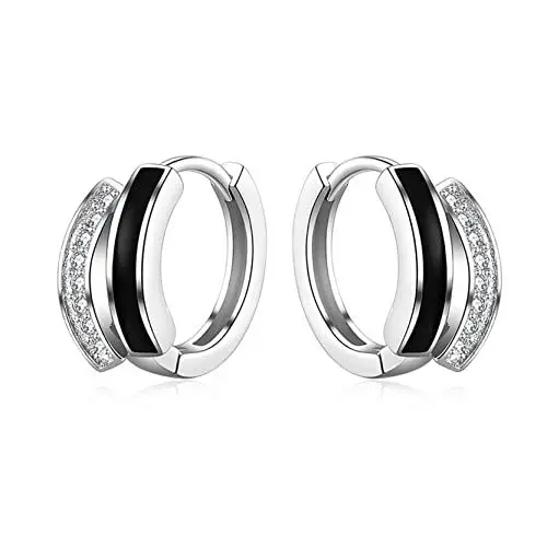 Produktbild: Creolen Silber Damen Ohrringe Silber 925 mit Zirkonia, 11mm Klein Ohrringe Schwarz Sleeper Knorpel Huggie Creolen Silber 925 für Damen Mädchen