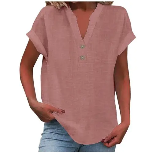 Produktbild: CreoQIJI Blaues Top Damen T-Shirt mit V-Ausschnitt und Knopfleiste, kurzärmelig Festliche Hosenanzüge Brautmutter (Pink, S)