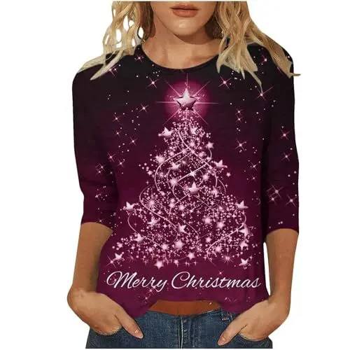 Produktbild: CreoQIJI Damen Festlich Christmas Shirts for Women 2023 Cute Xmas 3D Graphic Sweatshirt Funny Gifts 3/4 Sleeve Crew Neck Pullover Tops Ladies Clothes Seidenbluse Schwarz (Purple, S)