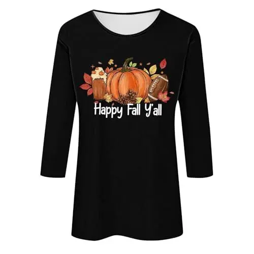 Produktbild: CreoQIJI Damen Unterhemd Kurzarm Happy Thanksgiving Shirts for Women Fashion Turkeys Graphic 3/4 Sleeve Tops Fall Crewneck Blouses Cotton Tunic Tshirt Spitzenshirt Damen (Black, L)