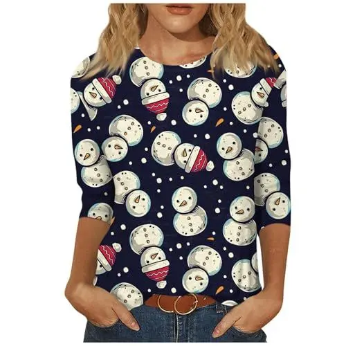 Produktbild: CreoQIJI Sommer Shirts Für Damen Christmas Shirts for Women 2024 3/4 Length Sleeve Cute Print Funny Versatile Loose with Round Neck Tunic Tops Blumen Oberteil Damen (Black, XXXL)