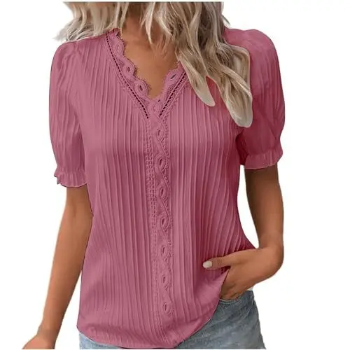 Produktbild: CreoQIJI Yoga Shirt Damen Kurzarm Abendblusen für Damen, Elegante -Kurzarmbluse in Übergröße, Puffärmelhemd, ausgehöhlter V-Ausschnitt, Tunika-Blusen Damen Kleidung Elegant Sexy (Pink, S)