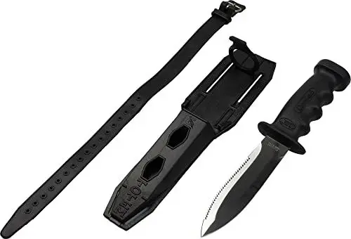 Produktbild: Cressi Supertotem - Tauchmesser Rettungsmesser Bootsmesser mit Glatter/Gezahnter 12,4 cm Klinge aus Rostfreiem Stahl, Anatomisches Diving Knife, Tauchermesser + Scheide + 2 Wadenriemen, Klinge 23,2 cm