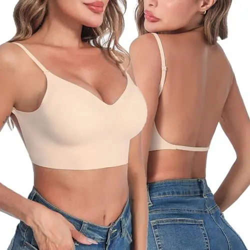 Produktbild: Crewhpo Damen Rückenfrei BH Ohne Bügel Rückenfreier Bra mit V-Ausschnit Bügelloser Bustier Push Up Bralette mit Niedrigem Rücken Invisible mit Abnehmbaren Trägern S-XL