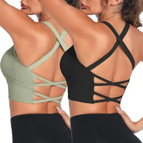 Produktbild: Crewhpo Damen Sport BH Gepolstert Bustier Ohne Bügel Rückenfrei für Frauen Push up Sports Bra Cross Back Mit Polstern Nahtlose Bralette für Yoga Fitness Pilates Gym S-XL