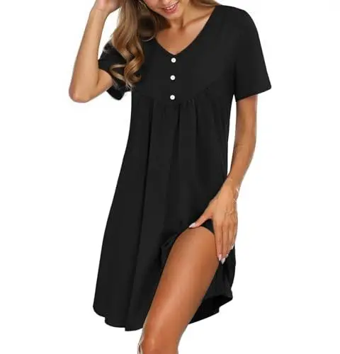 Produktbild: Crewhpo Nachthemd Damen Kurzarm Nachtwäsche Baumwolle Nachtkleid Kurz mit V-Ausschnitt Schlafshirt Loungewear Kurze Ärmel für Frauen Bequeme Sleepshirt Einfarbiger
