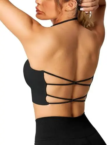Produktbild: Crewhpo Neckholder-BH Rückenfrei Damen Ohne Bügel Sport BH für Frauen Cross Back Sports Bustier Mit Polstern Nahtlose Sport-BHS Sexy für Yoga Fitness Pilates Gym Schwarz L