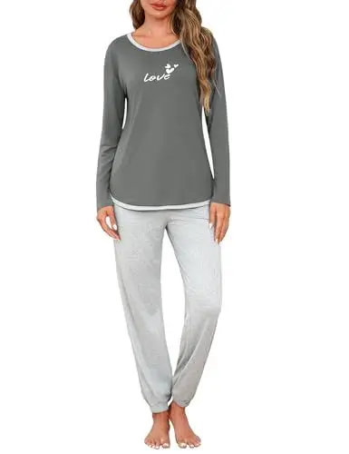 Produktbild: Crewhpo Schlafanzüge Damen für Winter Baumwolle Pyjamas mit Buchstaben-Print Nachtwäsche Zweiteiliger Langarm Schlafanzüge Set Loungewear Sleepwear Freizeitanzug