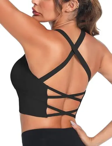 Produktbild: Crewhpo Sport BH Damen Ohne Bügel Gepolstert Bustier für Frauen Push up Sports Bra Cross Back Mit Polstern Nahtlose Sport-BHS für Yoga Fitness Pilates Gym S-XL