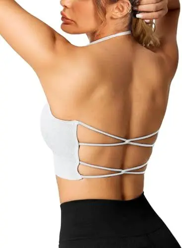 Produktbild: Crewhpo Sportbh Cross Back Damen Sport-BHS Ohne Bügel Gepolstert Fitness Bustier Push Up Mit Polstern Nahtlose Sportunterwäsche für Yoga Fitness Pilates Gym Weiß L