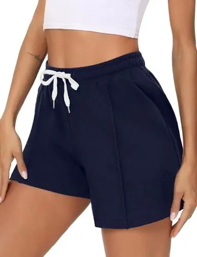 Produktbild: Crewhpo Sporthose Damen Kurz Baumwolle Kurze Hosen Sommer mit Taschen Freizeit Shorts High Waist Locker Bermuda Short Laufhose Jogginghose kurz für Training Fitness Laufen Blau XL