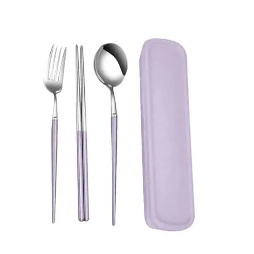 Produktbild: CRILSTYLEO 3stücke Teiliges Edelstahl-besteckset Mit Tragbarem Etui Löffel Essstäbchen Und Für Camping Picknick Und Unterwegs Stylisches Design Kristalllila Für Reisen Und Alltag