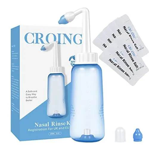Produktbild: CROING 𝙉𝙖𝙨𝙚𝙣𝙨𝙥ü𝙡𝙪𝙣𝙜 -80 x Salz +1 x Nasendusche Flasche (300 ml)- Neti Pot, Nasenspülung, Nasenreinigung, Nase Spülen Erwachsene, Nasenspülkanne