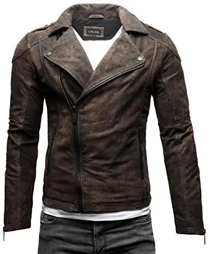 Produktbild: Crone Theo Herren Lederjacke Basic Biker Jacke aus weichem Rindsleder (XXL, Elephant (Nubukleder))