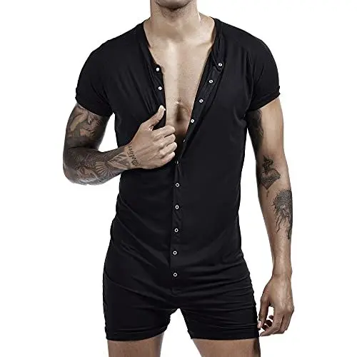 Produktbild: Crongless Herren Kurzarm Strampler Overall Henley Jumpsuit Super Bequemer Stretch-Baumwoll-Strampler mit Knöpfen Männer Schwarz (L)