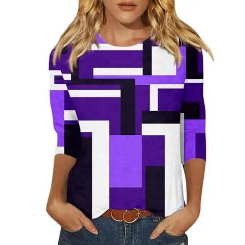 Produktbild: Crop Tops Damen Tshirt Unterdamen Frühling Lounge Buiness Blusen 3/4 Ärmel Plus Tailliert Peplum Top Frauen Lila XL