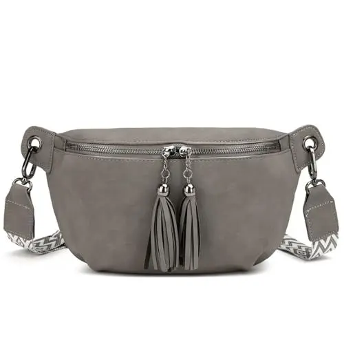 Produktbild: Crossbody Bag Damen Umhängetasche Klein - Leder Bauchtasche Damen mit Abnehmbar Breiter Gurt, Quasten Gürteltasche Damen Elegante Brusttasche Damen Schultertasche Moderne Taschen für Jeden Anlass Grau