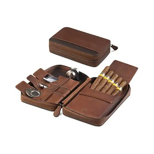 Produktbild: Crown & Tiger Zigarren-Etui aus feinstem Echt-Leder - Cigar Travel Case - handgefertigtes Voll-Lederetui für 5 Zigarren Stift und Zigarrenhalter (Tobacco)
